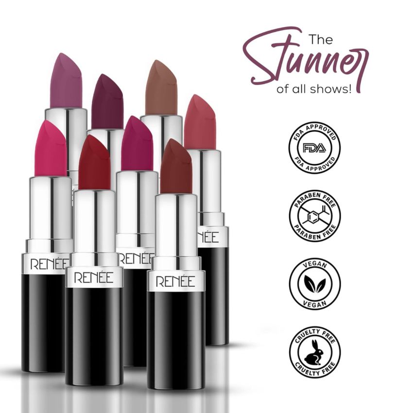 RENEE Stunner Matte Lipstick - Your Highness 4gm - Intense Color Pay Off, Full Coverage Long Lasting Weightless Velvety Formula with One Swipe Application - Enriched with Vitamin E & Hyaluronic Acid