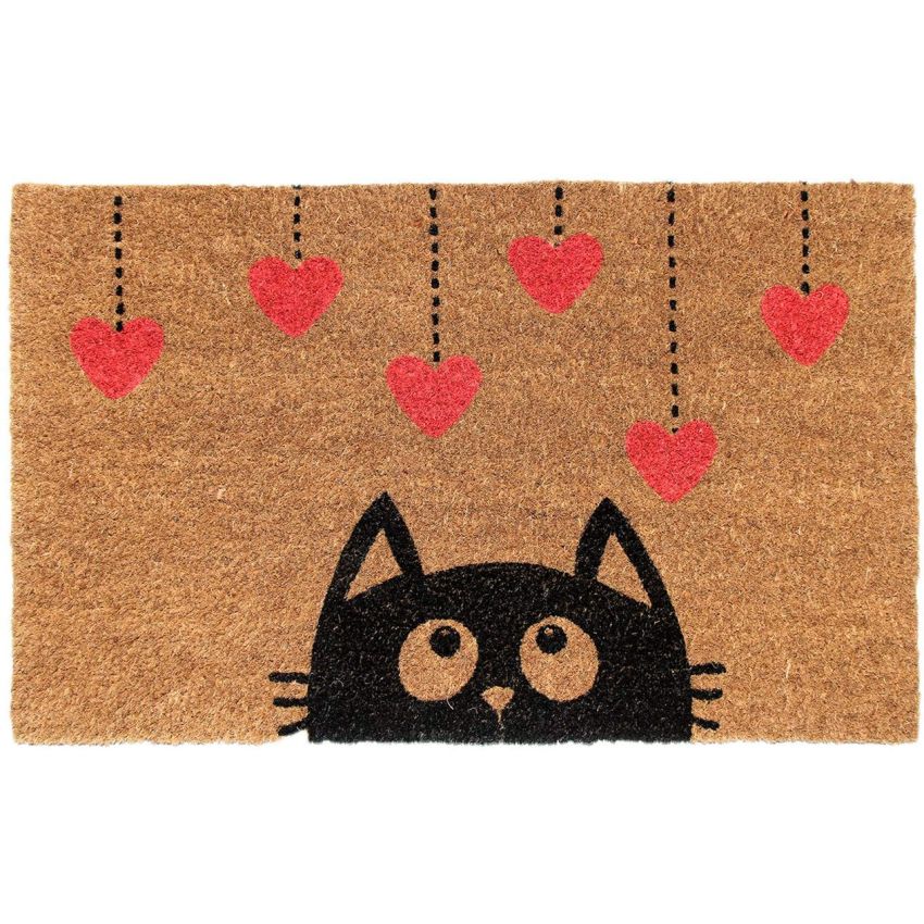 Onlymat Natural Coir Doormat with Cat Print, Floor Rug, Long Lasting, Anti-Slip PVC Back for Indoor, Outdoor, Patio, Home and Office - Large and Thick Entryway Rug, Brown (75 x 45 x 1.5cm)