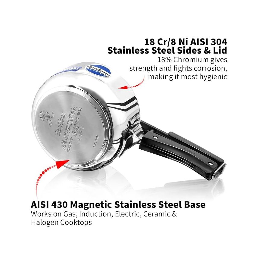 Hawkins 2 Litre Pressure Cooker, Stainless Steel Inner Lid Cooker, Induction Cooker, Small Cooker, Silver (HSS20)