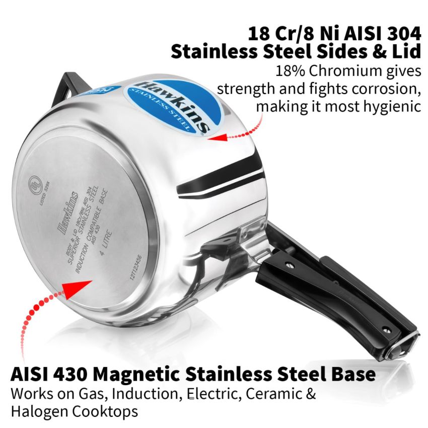 Hawkins 4 Litre Pressure Cooker, Stainless Steel Inner Lid Cooker, Induction Cooker, Silver (Hss40), 4 Liter