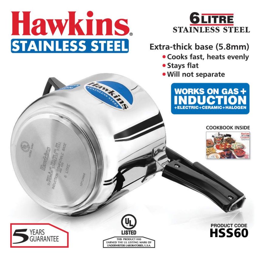Hawkins 6 Litre Inner Lid Pressure Cooker, Stainless Steel Cooker, Induction Cooker, Silver (Hss60), 6 Liter