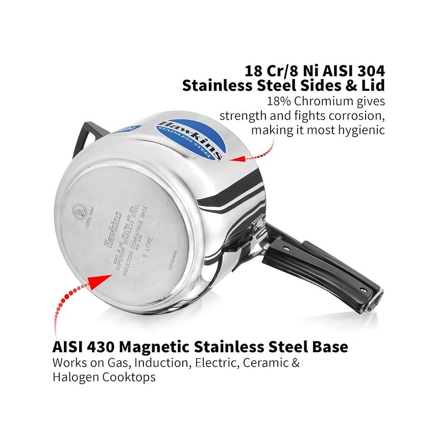 Hawkins 5 Litre Pressure Cooker, Stainless Steel Inner Lid Cooker, Induction Cooker, Silver (HSS50)