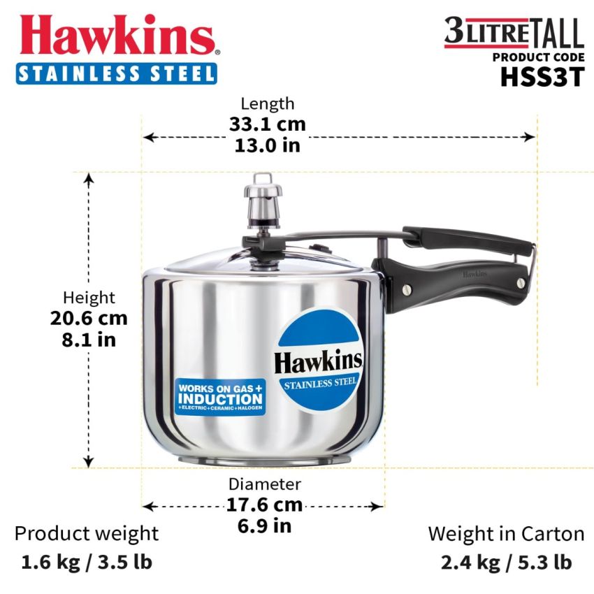 Hawkins 3 Litre Pressure Cooker, Stainless Steel Inner Lid Cooker, Tall Design Cooker, Induction Cooker, Silver (Hss3T), 3 Liter