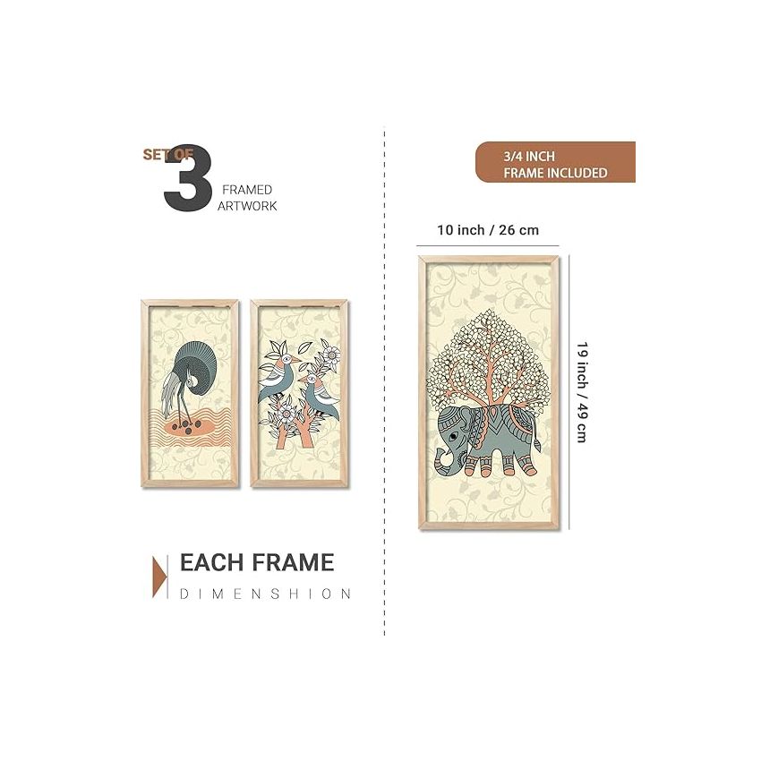 kotart - Traditional Indian Art Pichwai Wall Décor Paintings | Painting for wall Decoration | Madhubani Art Painting with Frame for Living Room set of 3 (10X19 INCH, I)