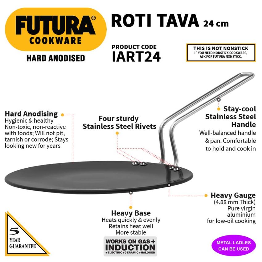 Hawkins Futura 24 cm Roti Tava, Hard Anodised Tawa, Induction Tawa, Black (IART24)