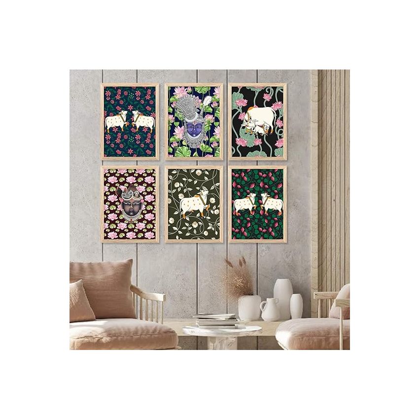 kotart Traditional Indiqan Pichwai Art Digital Painting for Wall Decoration - Wall Art Prints for Living Room Bedroom Office Room Decor (13X17 INCH, B) Pack of 6