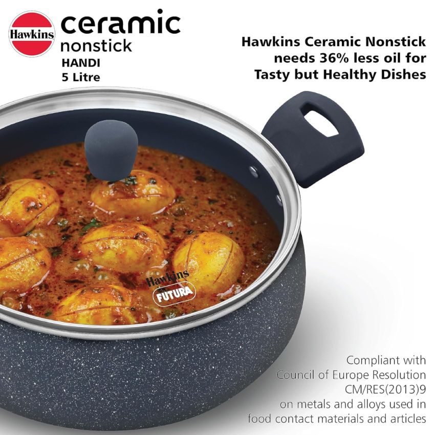 Hawkins Ceramic Nonstick Handi, 5 Litre, Induction Biryani Pot, Granite Casserole (ICH50G)