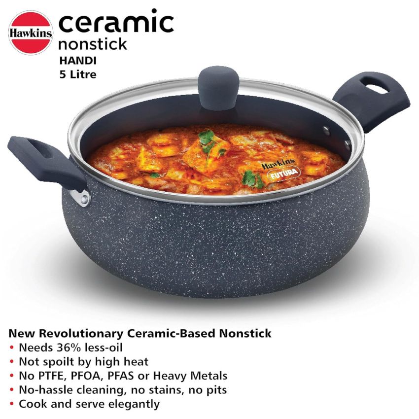 Hawkins Ceramic Nonstick Handi, 5 Litre, Induction Biryani Pot, Granite Casserole (ICH50G)