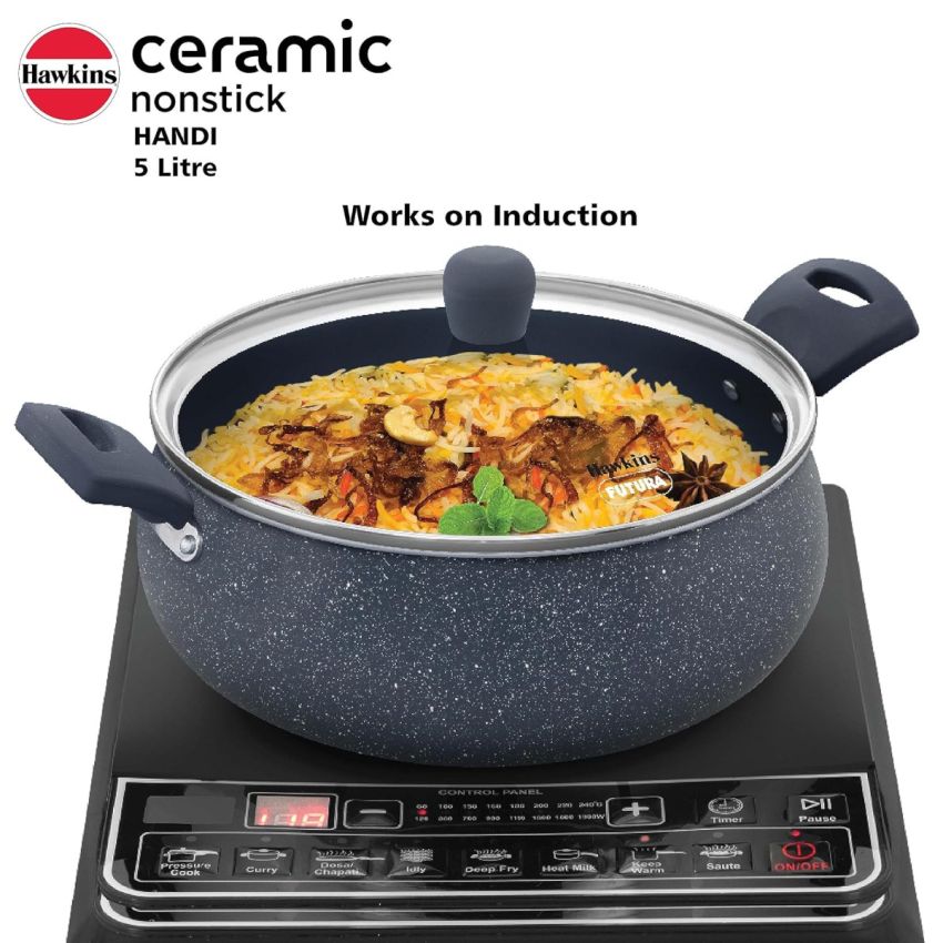 Hawkins Ceramic Nonstick Handi, 5 Litre, Induction Biryani Pot, Granite Casserole (ICH50G)