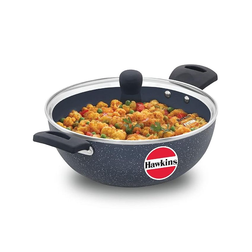 Hawkins Ceramic Nonstick 3.5 Litre Deep Kadhai, Induction Deep Fry Pan with Glass Lid, Granite Kadai (ICK35G)