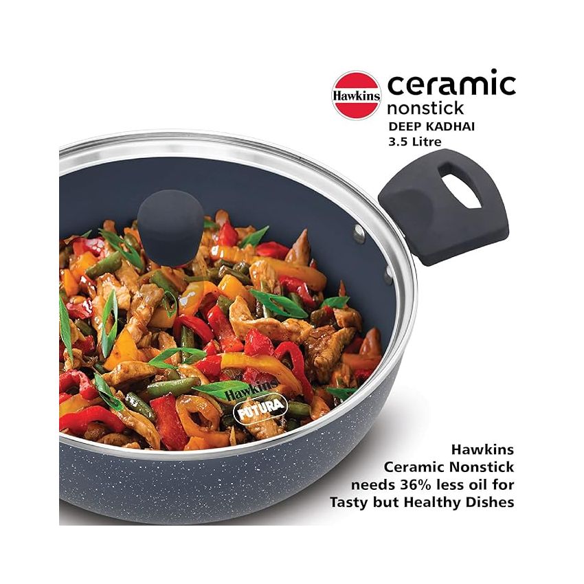 Hawkins Ceramic Nonstick 3.5 Litre Deep Kadhai, Induction Deep Fry Pan with Glass Lid, Granite Kadai (ICK35G)