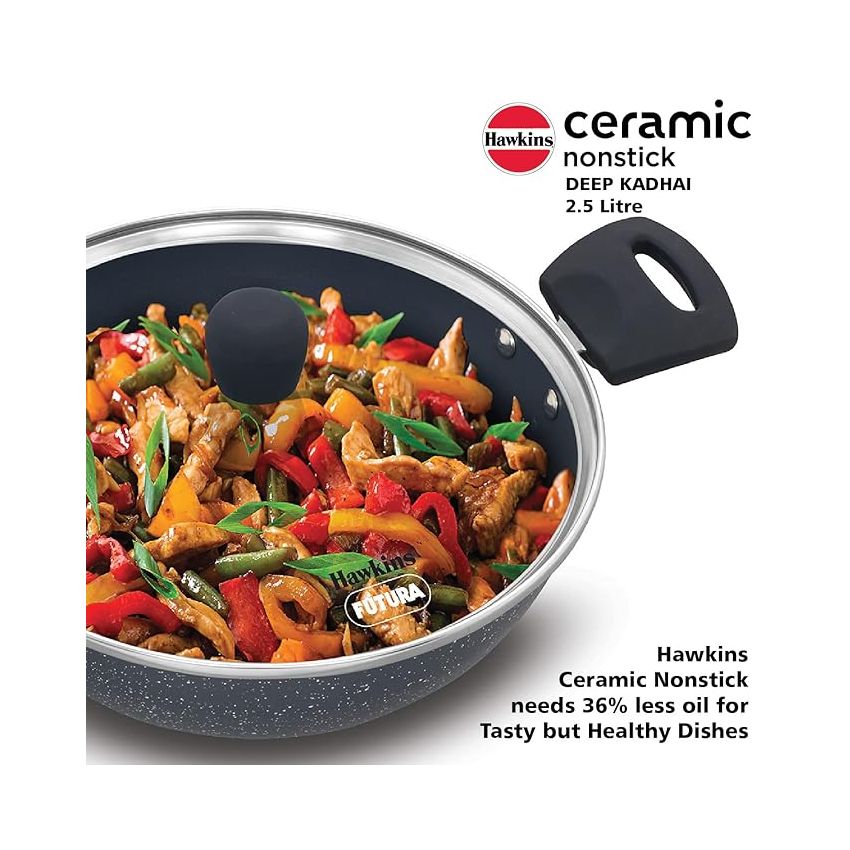 Hawkins Ceramic Nonstick 2.5 Litre Deep Kadhai, Induction Deep Fry Pan with Glass Lid, Granite Kadai (ICK25G)