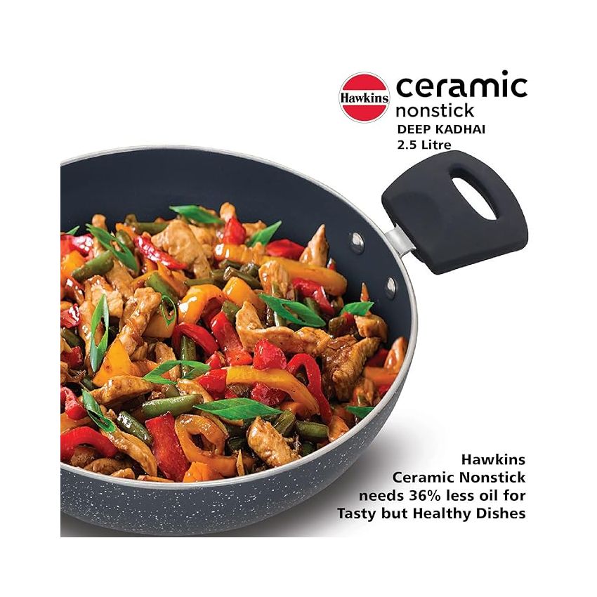 Hawkins Ceramic Nonstick 2.5 Litre Deep Kadhai, Induction Deep Fry Pan, Granite Kadai (ICK25)