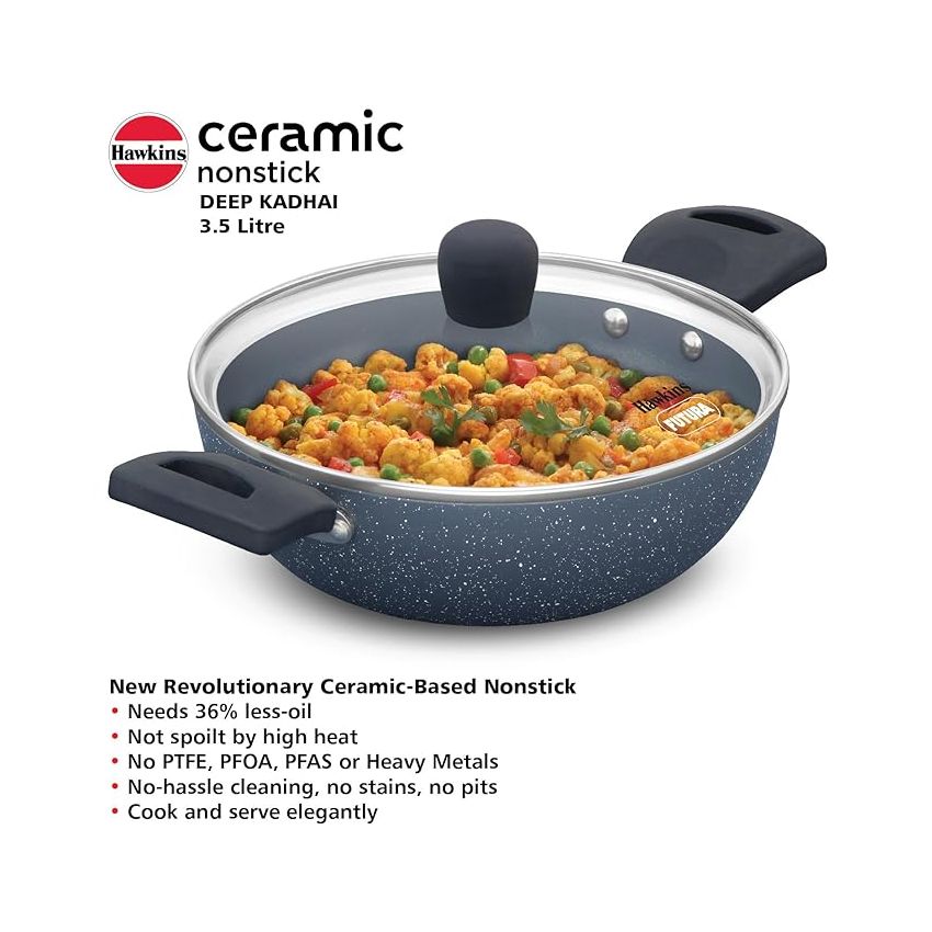 Hawkins Ceramic Nonstick 3.5 Litre Deep Kadhai, Induction Deep Fry Pan with Glass Lid, Granite Kadai (ICK35G)