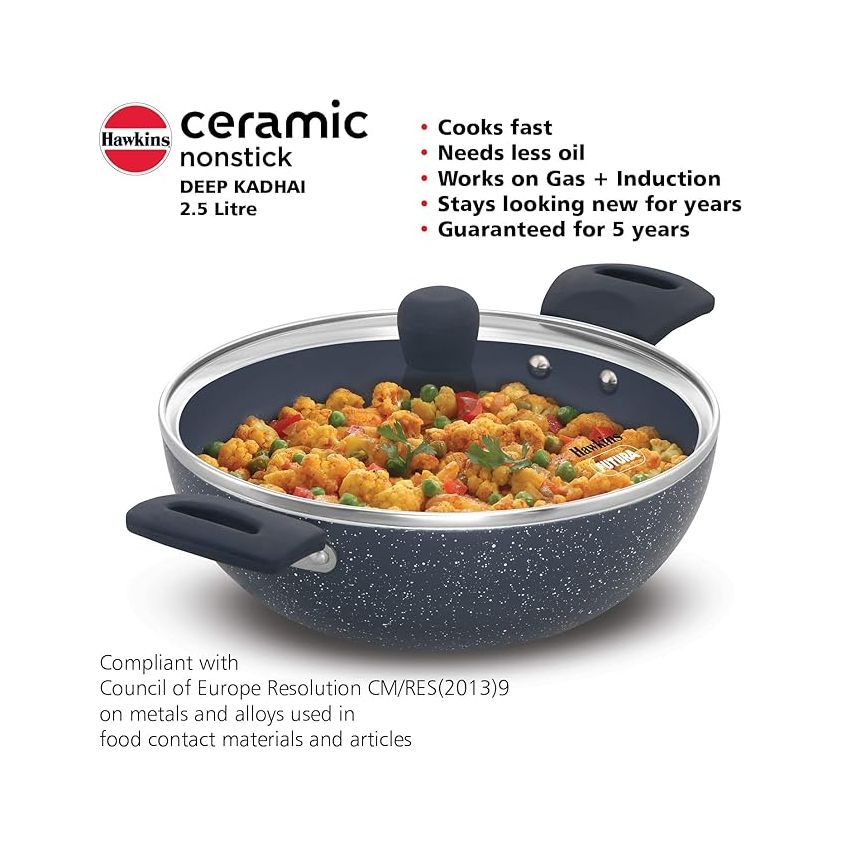 Hawkins Ceramic Nonstick 2.5 Litre Deep Kadhai, Induction Deep Fry Pan with Glass Lid, Granite Kadai (ICK25G)