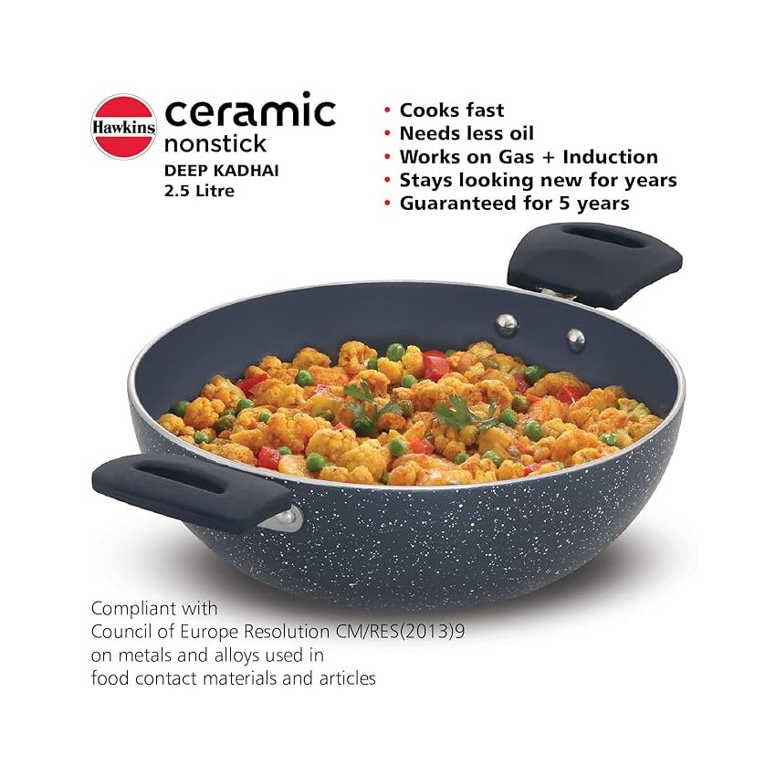 Hawkins Ceramic Nonstick 2.5 Litre Deep Kadhai, Induction Deep Fry Pan, Granite Kadai (ICK25)