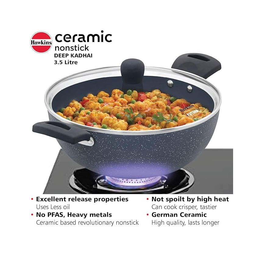 Hawkins Ceramic Nonstick 3.5 Litre Deep Kadhai, Induction Deep Fry Pan with Glass Lid, Granite Kadai (ICK35G)