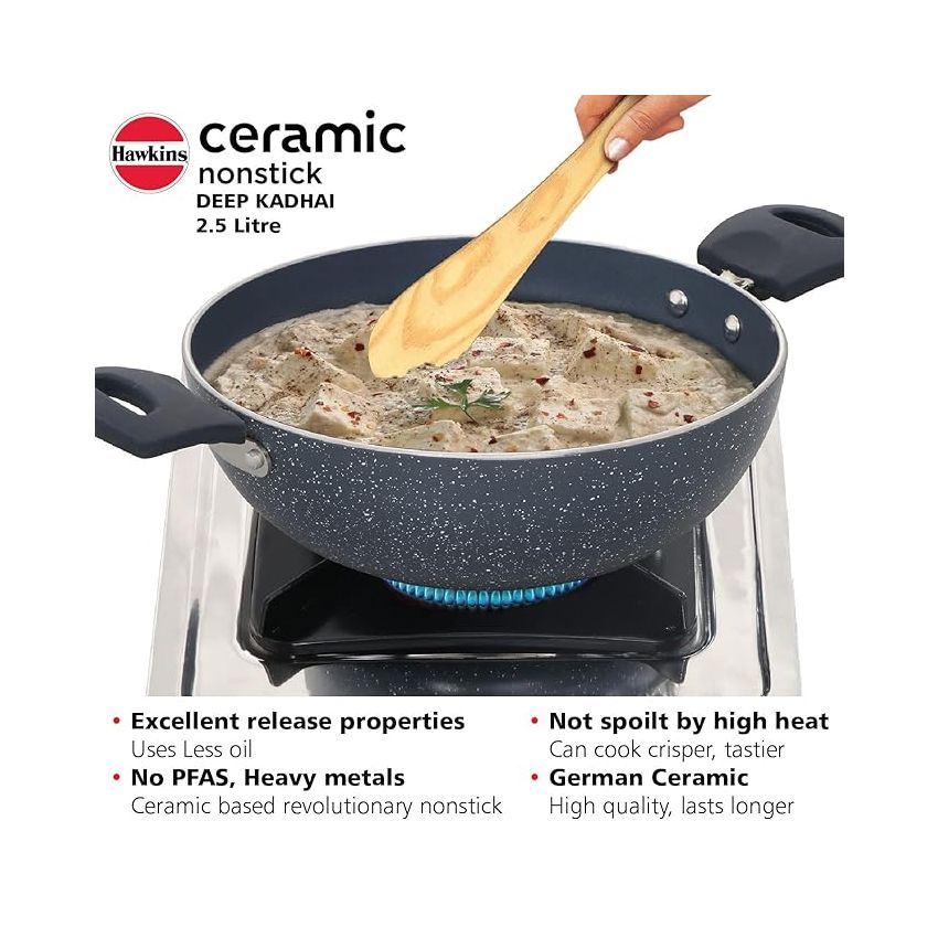 Hawkins Ceramic Nonstick 2.5 Litre Deep Kadhai, Induction Deep Fry Pan, Granite Kadai (ICK25)