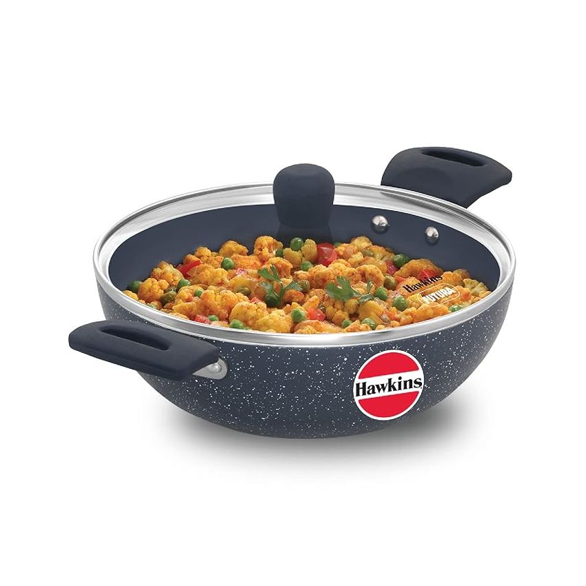 Hawkins Ceramic Nonstick 2.5 Litre Deep Kadhai, Induction Deep Fry Pan with Glass Lid, Granite Kadai (ICK25G)