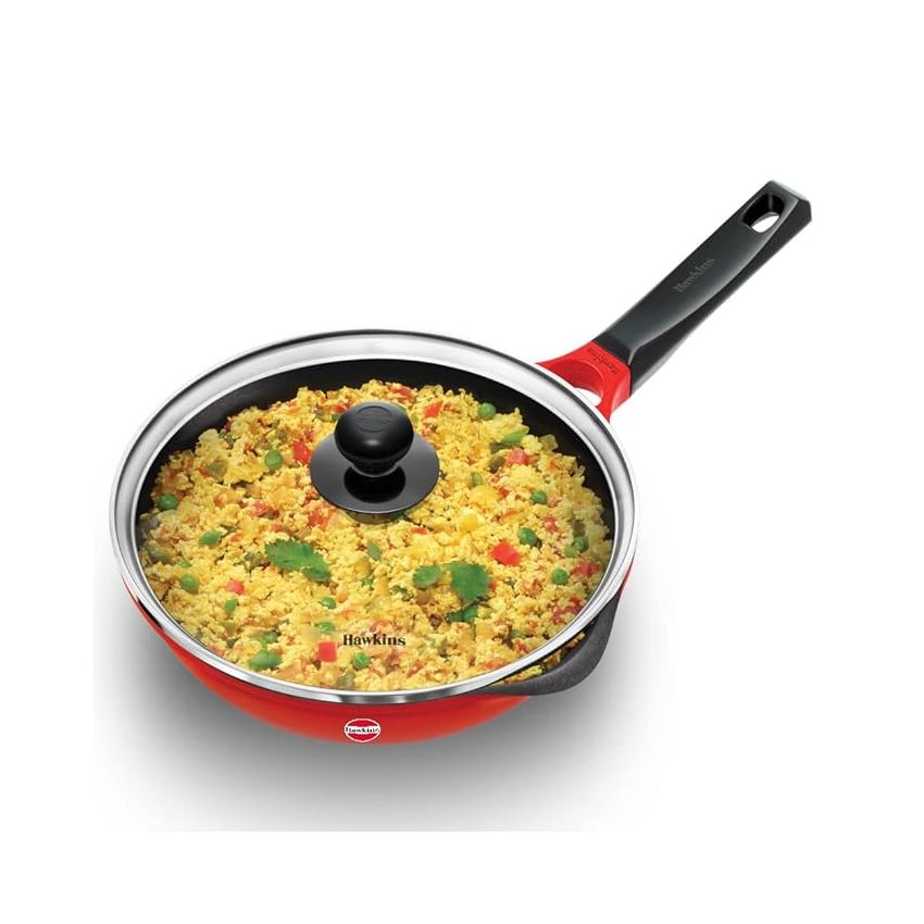 Hawkins 24 cm Frying Pan, Die Cast Non Stick Fry Pan with Glass Lid, Ceramic Coated Pan, Induction Frying Pan, Red (IDCF24G)