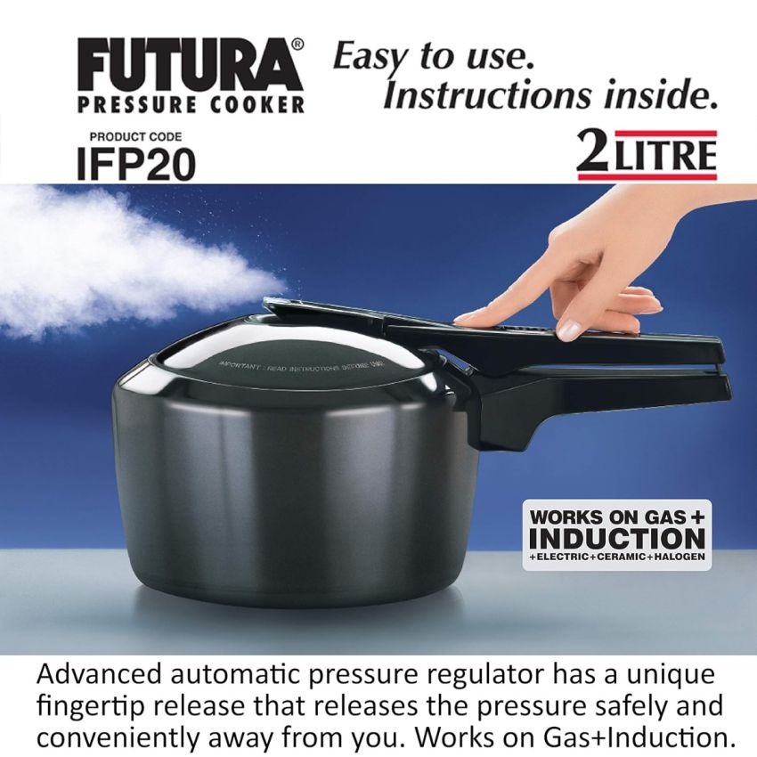 Hawkins Futura 2 Litre Pressure Cooker, Hard Anodised Inner Lid Pressure Cooker, Induction Cooker, Small Cooker, Black (IFP20)