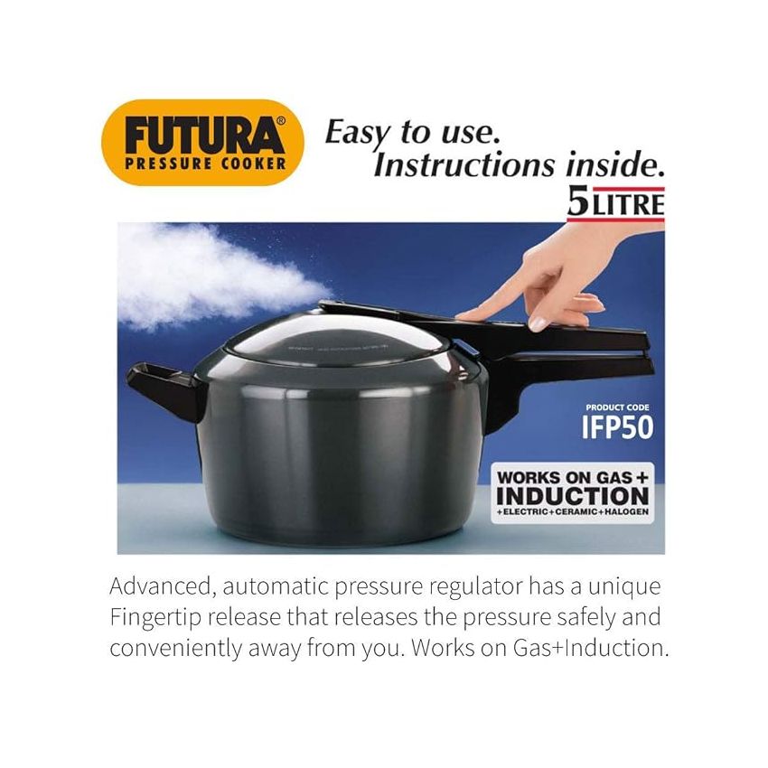 Hawkins Futura 5 Litre Pressure Cooker, Hard Anodised Inner Lid Pressure Cooker, Induction Cooker, Pan Cooker, Black (IFP50)