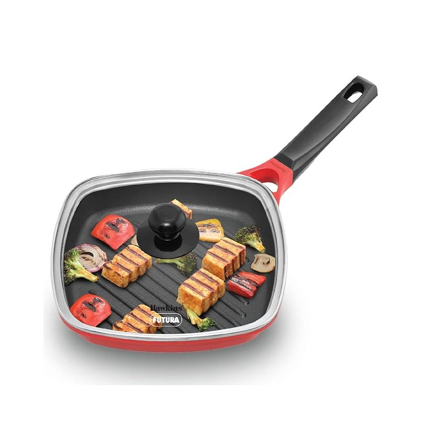 Hawkins 26 cm Grill Pan, Non Stick Die Cast Grilling Pan with Glass Lid, Square Grill Pan for Gas Stove, Ceramic Coated Pan, Roast Pan, Red (IGP26G)