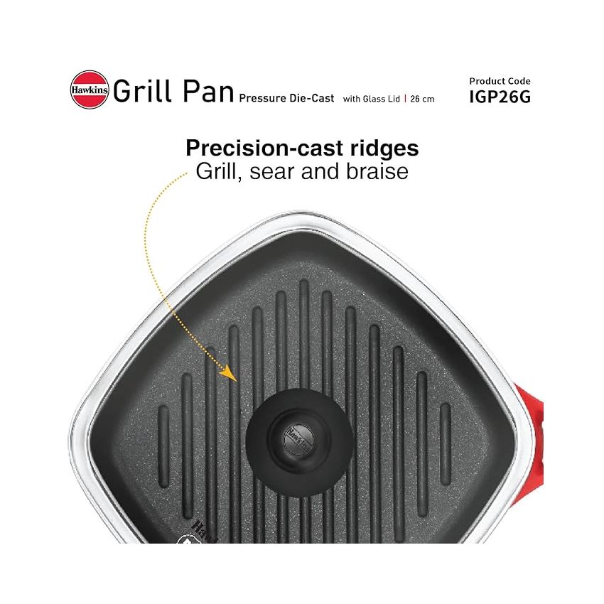 Hawkins 26 cm Grill Pan, Non Stick Die Cast Grilling Pan with Glass Lid, Square Grill Pan for Gas Stove, Ceramic Coated Pan, Roast Pan, Red (IGP26G)