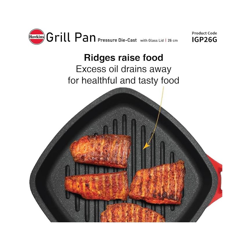 Hawkins 26 cm Grill Pan, Non Stick Die Cast Grilling Pan with Glass Lid, Square Grill Pan for Gas Stove, Ceramic Coated Pan, Roast Pan, Red (IGP26G)