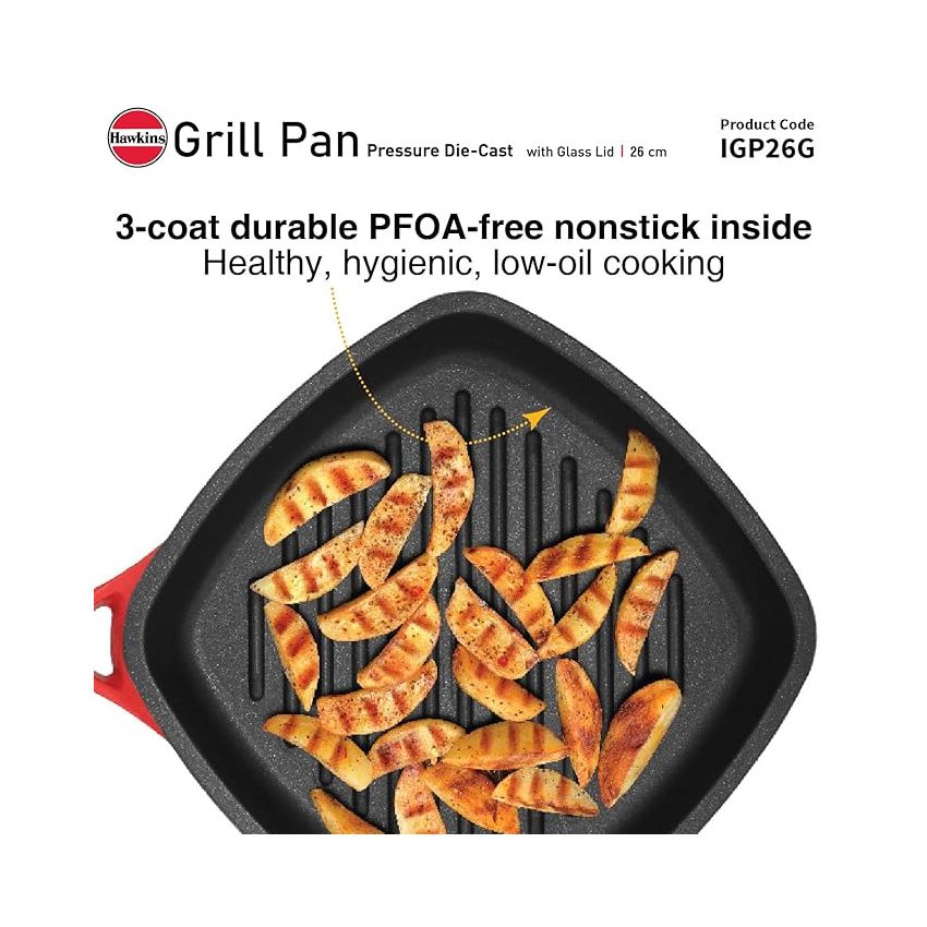 Hawkins 26 cm Grill Pan, Non Stick Die Cast Grilling Pan with Glass Lid, Square Grill Pan for Gas Stove, Ceramic Coated Pan, Roast Pan, Red (IGP26G)