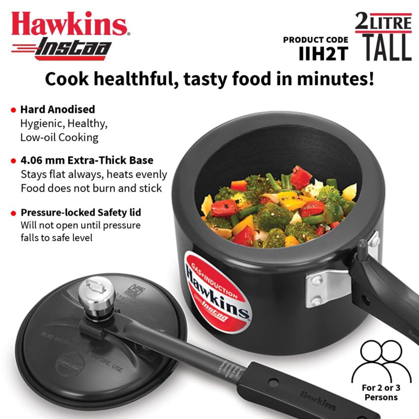 Hawkins 2 Litre Instaa Pressure Cooker, Induction Inner Lid Cooker, Tall Body Hard Anodised Cooker, Best Black Cooker, Black (IIH2T)