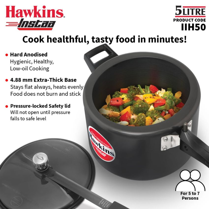 Hawkins 5 Litre Instaa Pressure Cooker, Induction Inner Lid Cooker, Tall Body Hard Anodised Cooker, Best Black Cooker, Black (IIH50)