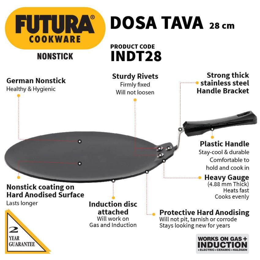 Hawkins Futura 28 cm Dosa Tava, Non Stick Dosa Tawa, Induction Dosa Tawa, Black (INDT28)