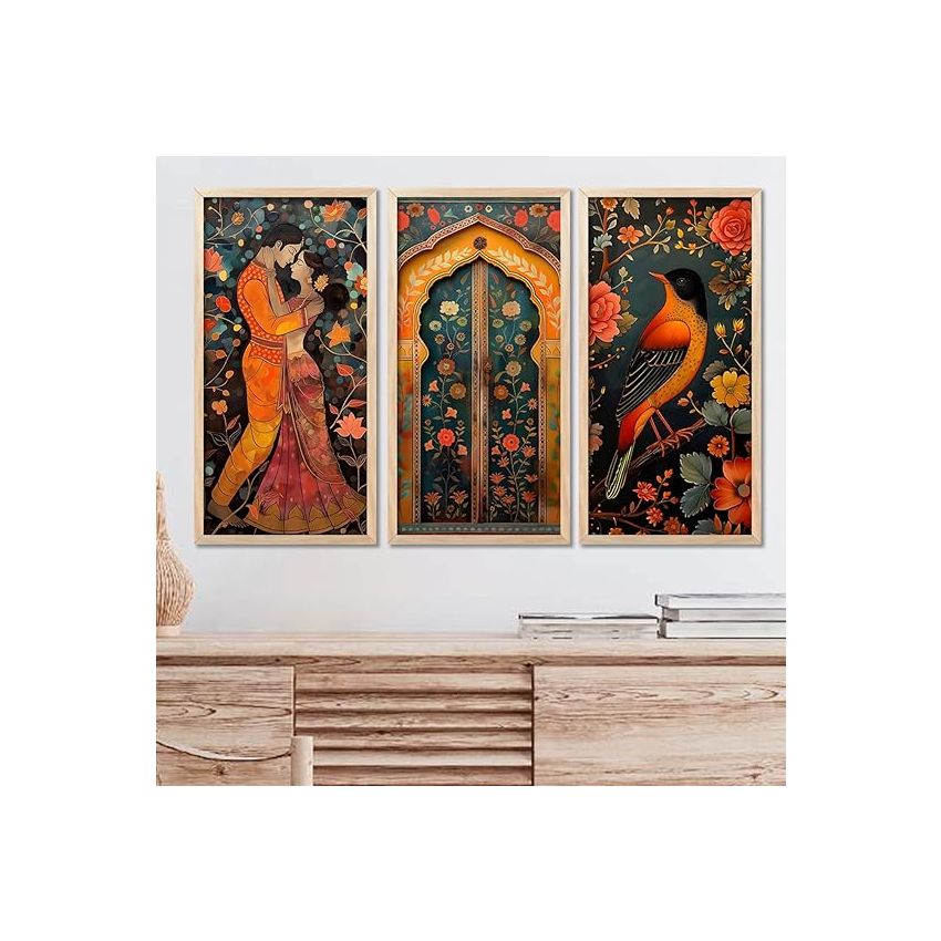 kotart - Traditional Indian Art Pichwai Wall Décor Paintings | Painting for wall Decoration | Madhubani Art Painting with Frame for Living Room set of 3 (10X19 INCH, G)