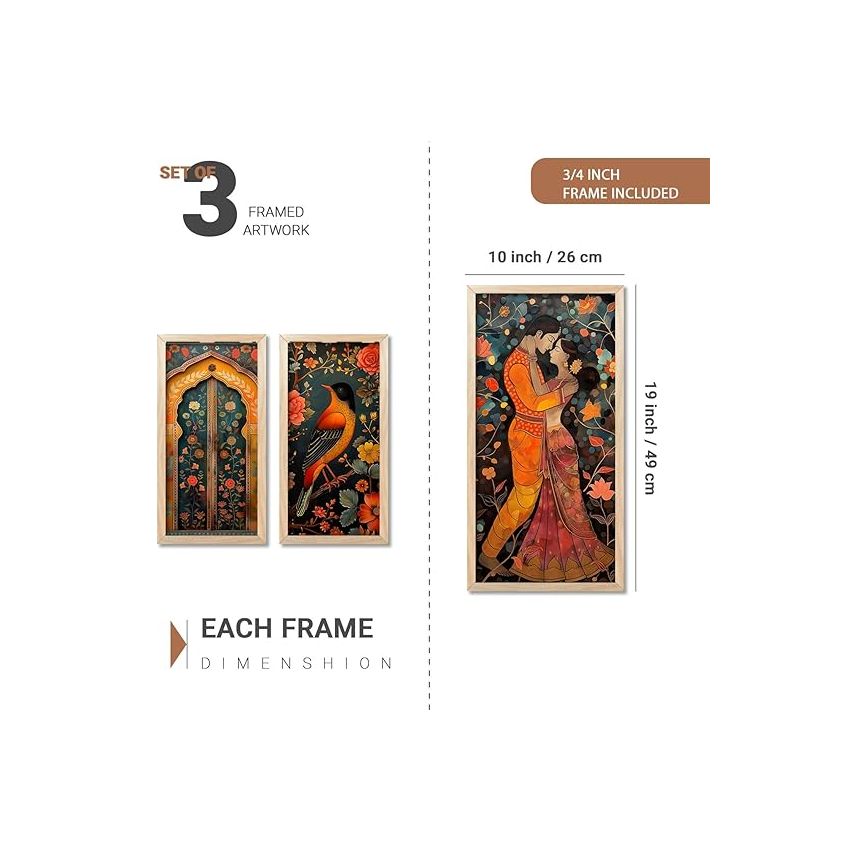 kotart - Traditional Indian Art Pichwai Wall Décor Paintings | Painting for wall Decoration | Madhubani Art Painting with Frame for Living Room set of 3 (10X19 INCH, G)