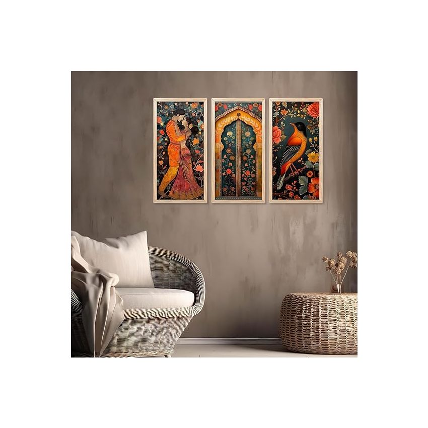 kotart - Traditional Indian Art Pichwai Wall Décor Paintings | Painting for wall Decoration | Madhubani Art Painting with Frame for Living Room set of 3 (10X19 INCH, G)