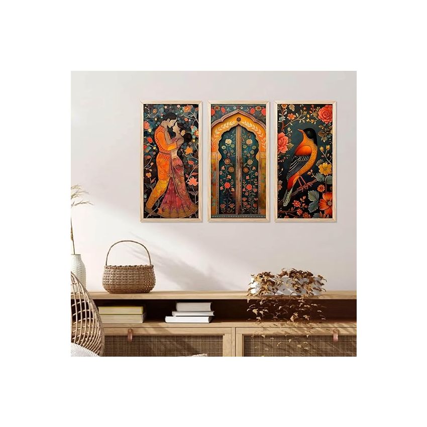 kotart - Traditional Indian Art Pichwai Wall Décor Paintings | Painting for wall Decoration | Madhubani Art Painting with Frame for Living Room set of 3 (10X19 INCH, G)