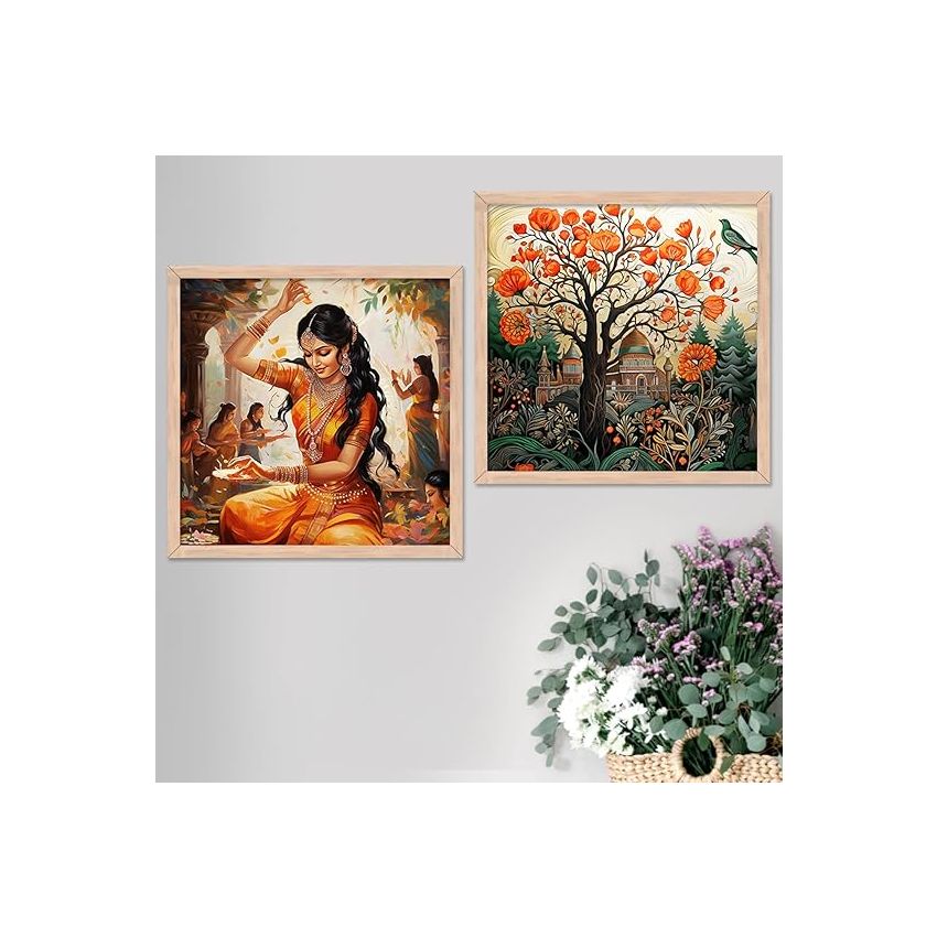 kotart Traditional wall Art Paintings with Frame for Home Decor - Framed Wall Painting for Living Room Bedroom Office Room Decor - Painting for Wall Decoration - Set of 2 Multicolor paintings (13x13 inch, F)