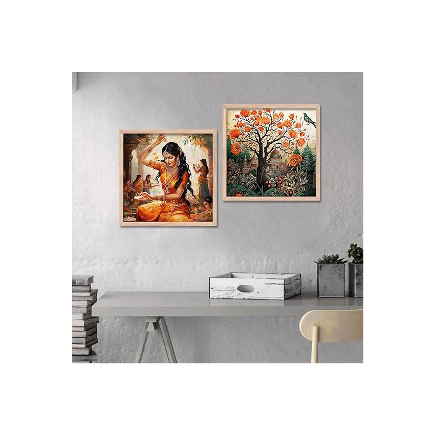 kotart Traditional wall Art Paintings with Frame for Home Decor - Framed Wall Painting for Living Room Bedroom Office Room Decor - Painting for Wall Decoration - Set of 2 Multicolor paintings (13x13 inch, F)