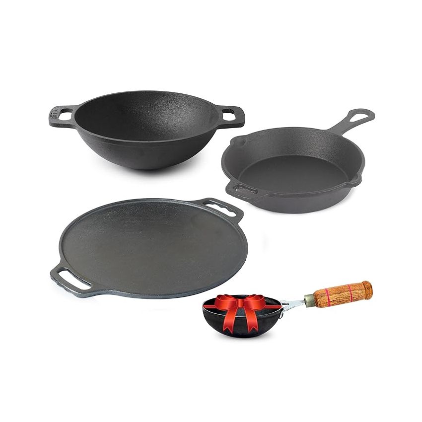 The Indus Valley Pre-Seasoned Cast Iron Cookware Set+ Free Tadka Pan|Tawa (30.5 Cm)+ Kadai (25.4 Cm/2.3L)+ Fry Pan (23 Cm/1.4L)|Kitchen Cooking Combo Pots & Pans Set Of 4Pcs|Naturally Nonstick - Black