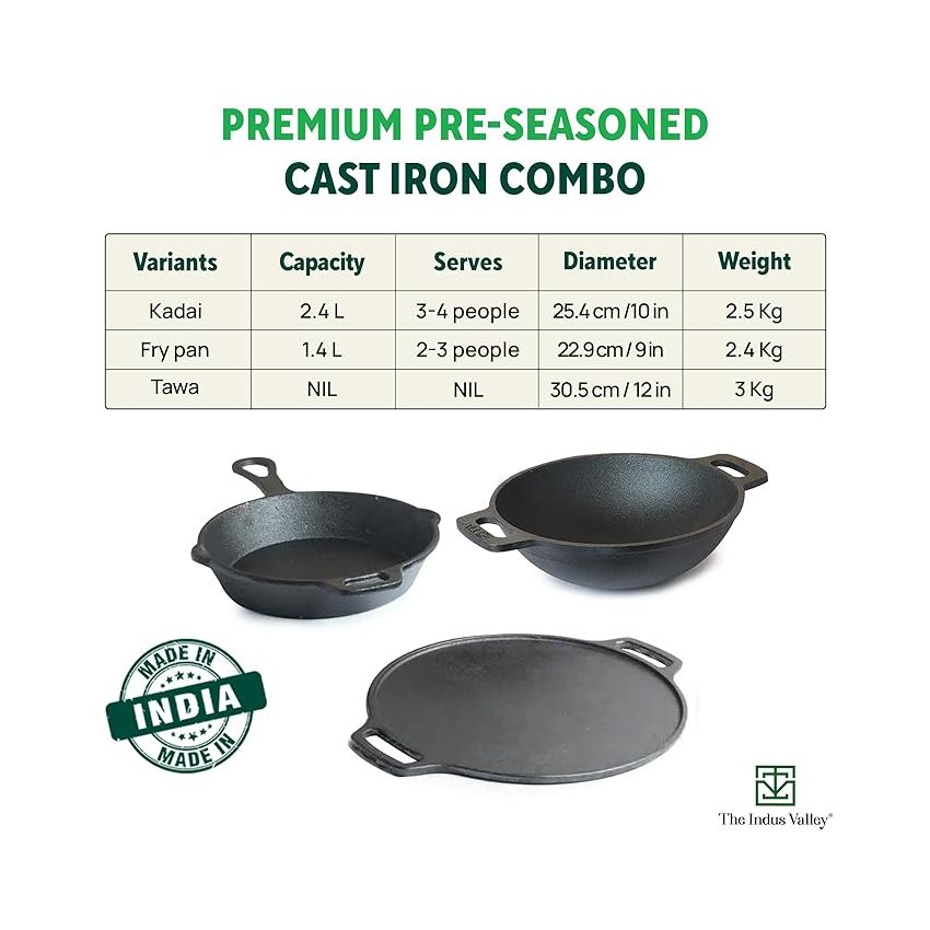 The Indus Valley Pre-Seasoned Cast Iron Cookware Set+ Free Tadka Pan|Tawa (30.5 Cm)+ Kadai (25.4 Cm/2.3L)+ Fry Pan (23 Cm/1.4L)|Kitchen Cooking Combo Pots & Pans Set Of 4Pcs|Naturally Nonstick - Black