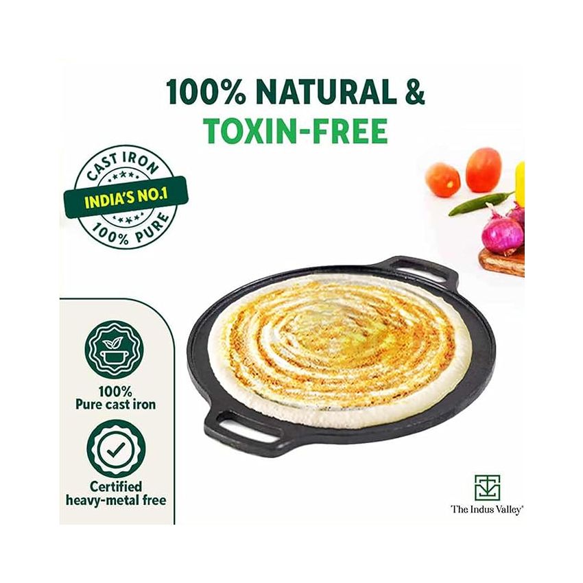 The Indus Valley Pre-Seasoned Cast Iron Cookware Set+ Free Tadka Pan|Tawa (30.5 Cm)+ Kadai (25.4 Cm/2.3L)+ Fry Pan (23 Cm/1.4L)|Kitchen Cooking Combo Pots & Pans Set Of 4Pcs|Naturally Nonstick - Black