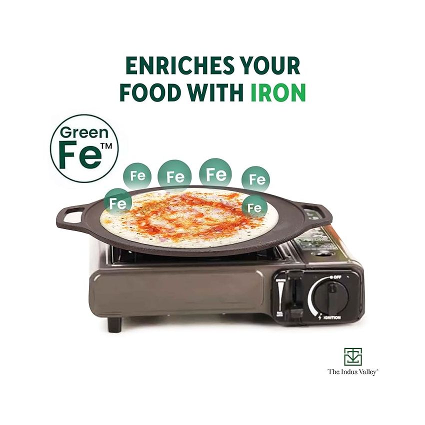 The Indus Valley Pre-Seasoned Cast Iron Cookware Set+ Free Tadka Pan|Tawa (30.5 Cm)+ Kadai (25.4 Cm/2.3L)+ Fry Pan (23 Cm/1.4L)|Kitchen Cooking Combo Pots & Pans Set Of 4Pcs|Naturally Nonstick - Black