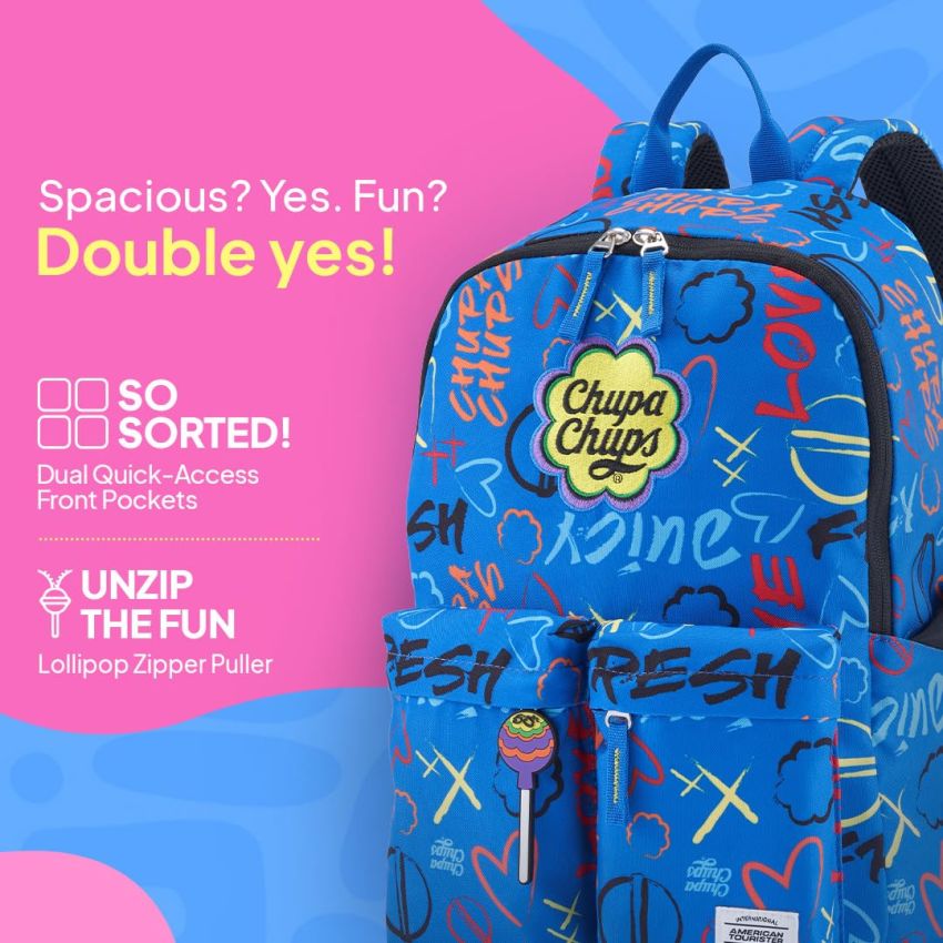 American Tourister Chupa Chups, 22L Volume School Backpack with Front Organizer and Spacious Interiors for Girls & Boys - Blue Cola