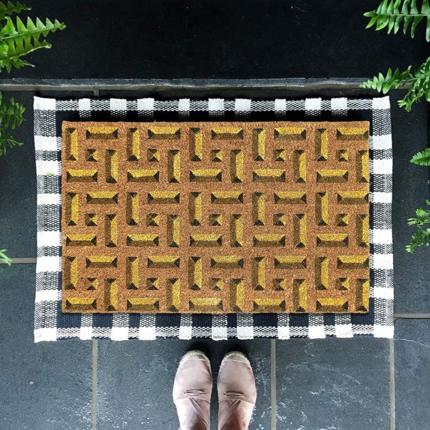 Onlymat Printed Coir Doormat with Non-Slip PVC Backing for Outdoor and Indoors - Durable, Large, Waterproof, and Thick - Plaid Pattern Print, Brown Colored Rug (75x45cm)