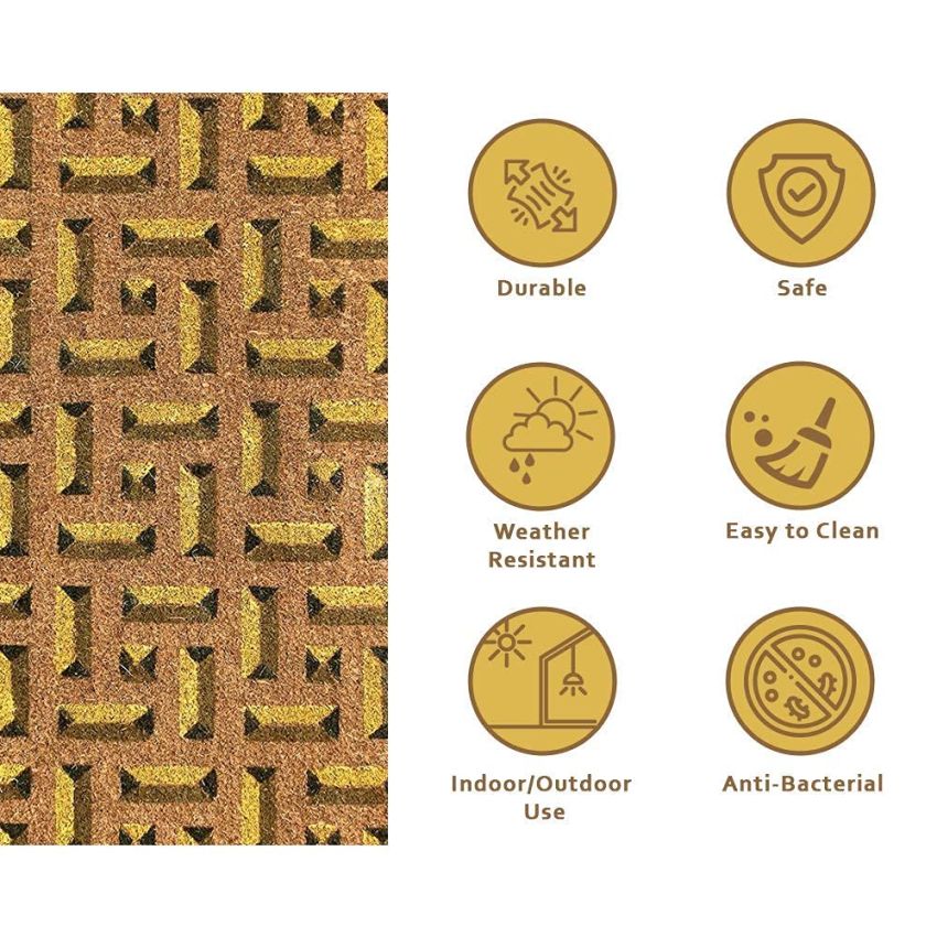 Onlymat Printed Coir Doormat with Non-Slip PVC Backing for Outdoor and Indoors - Durable, Large, Waterproof, and Thick - Plaid Pattern Print, Brown Colored Rug (75x45cm)