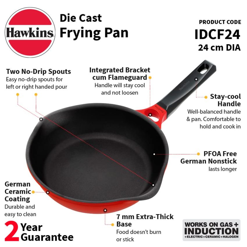 Hawkins 24 cm Frying Pan, Die Cast Non Stick Fry Pan, Ceramic Coated Pan, Induction Frying Pan, Red (IDCF24)