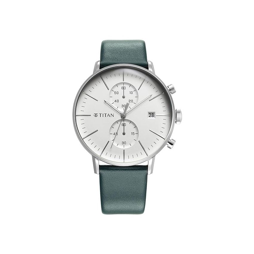 Titan Quartz Chronograph Silver Dial Leather Strap Watch for Men-NS90146SL01/NT90146SL01