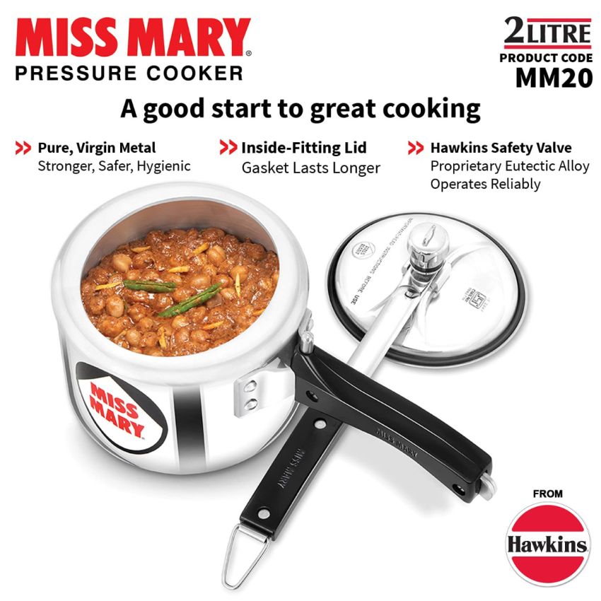 Hawkins Aluminium 2 Litre Miss Mary Pressure Cooker, Small Inner Lid Cooker, Silver (Mm20)