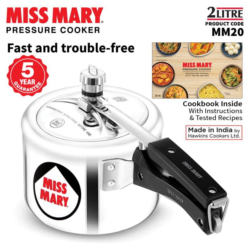 Hawkins Aluminium 2 Litre Miss Mary Pressure Cooker, Small Inner Lid Cooker, Silver (Mm20)